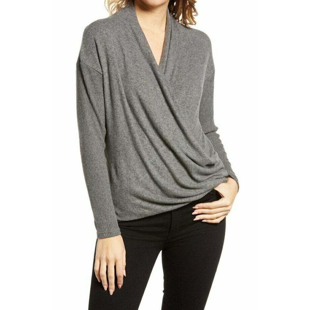NWT All in Favor Charcoal Gray Surplice Faux Wrap Top Size S